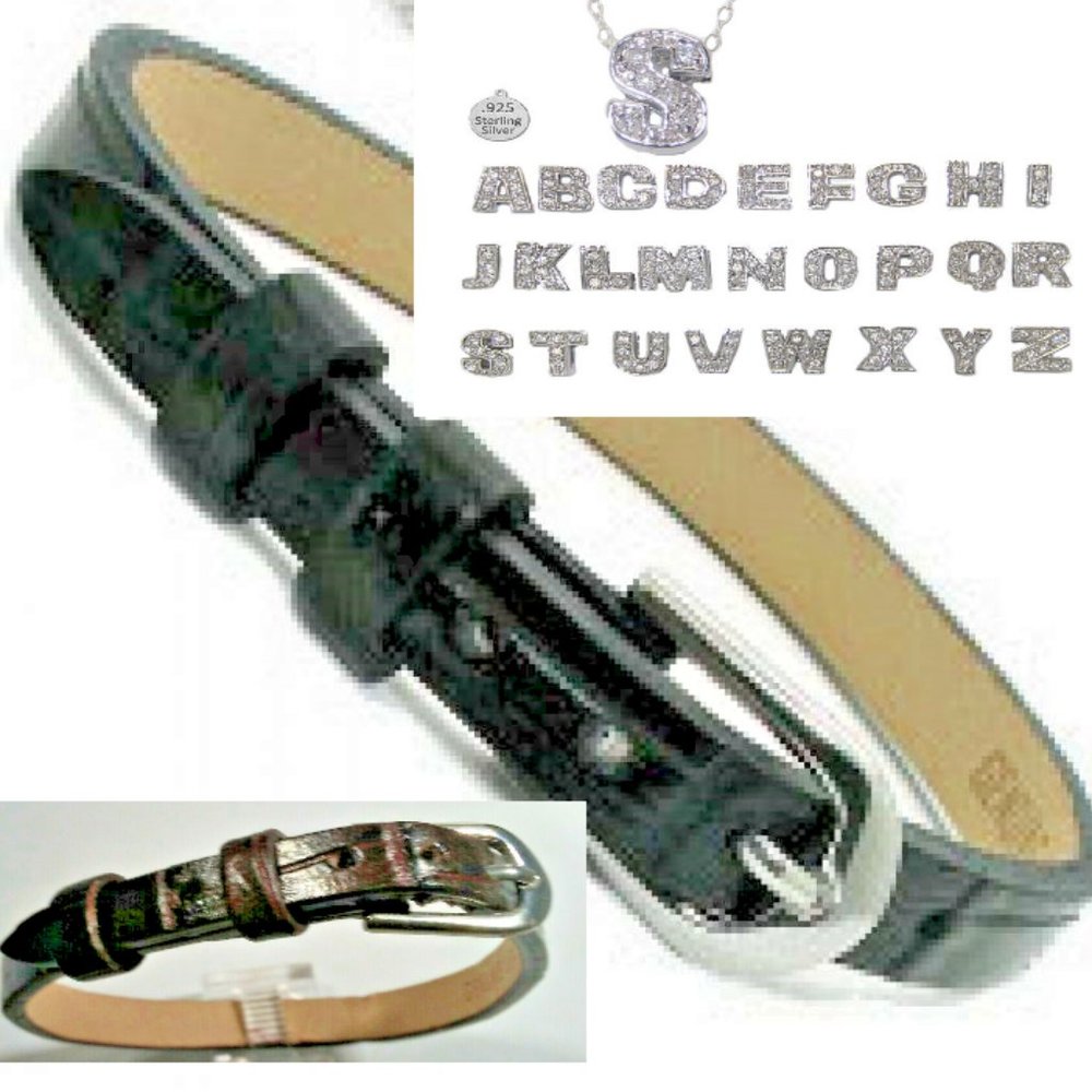 Sterling Silver 925 Block Letters Initial Bracelet black leather adjustable NWT